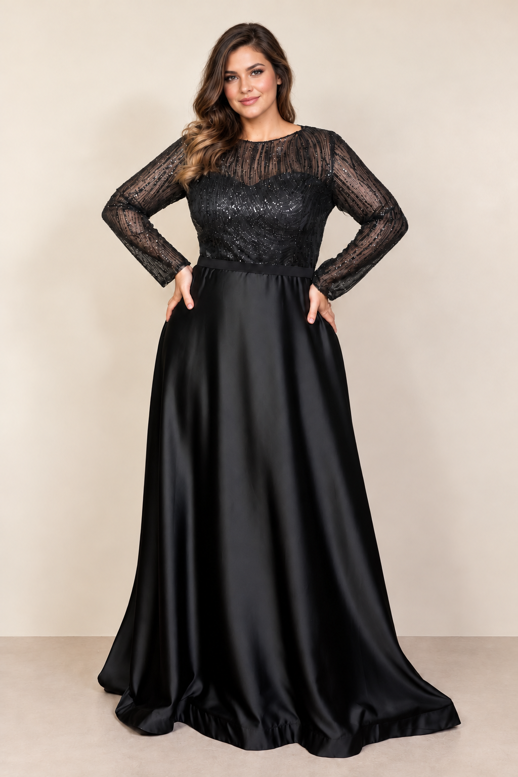 Sequin Bodice Satin Evening Gown black