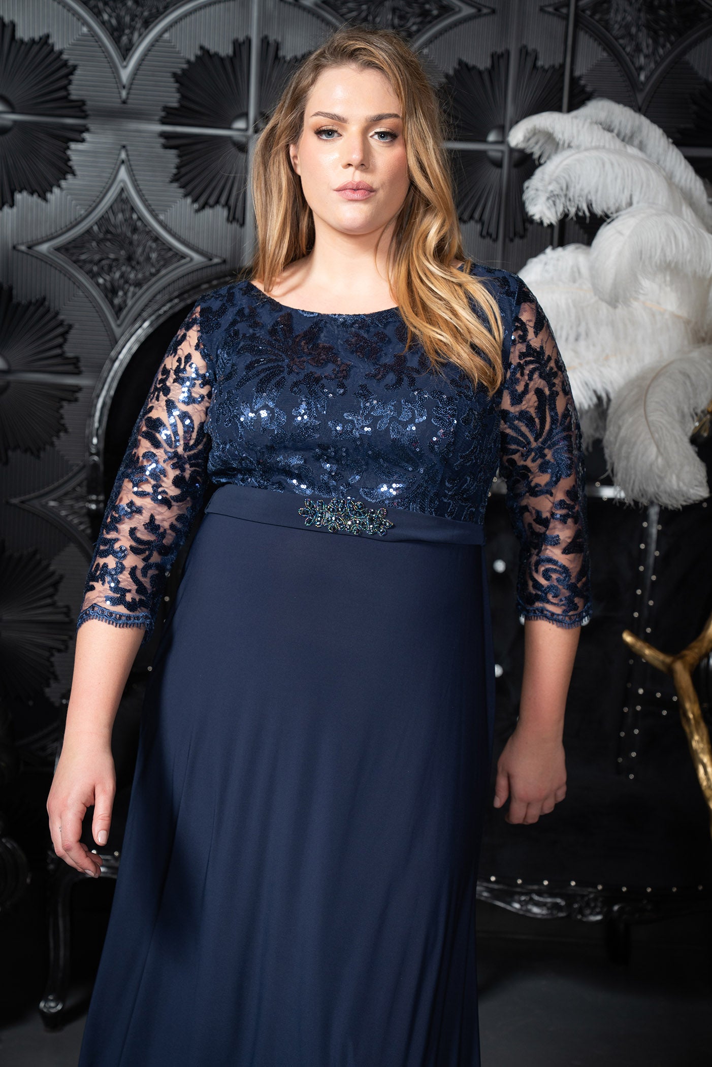 Sequin Lace Bodice Evening Gown Navy blue