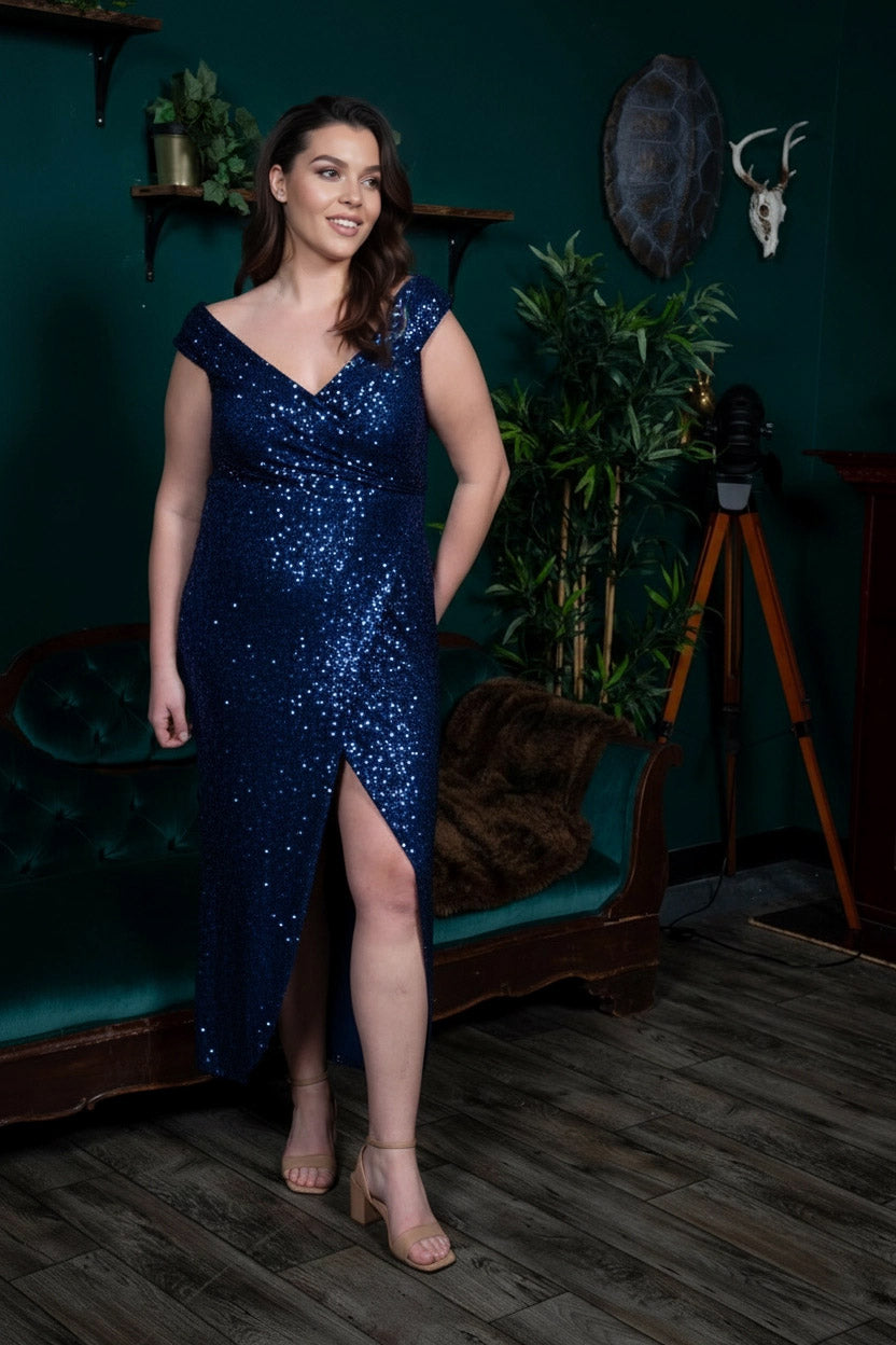 Sequin Wrap Midi Sheath Navy blue