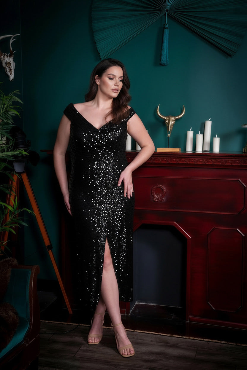 Sequin Wrap Midi Sheath Black