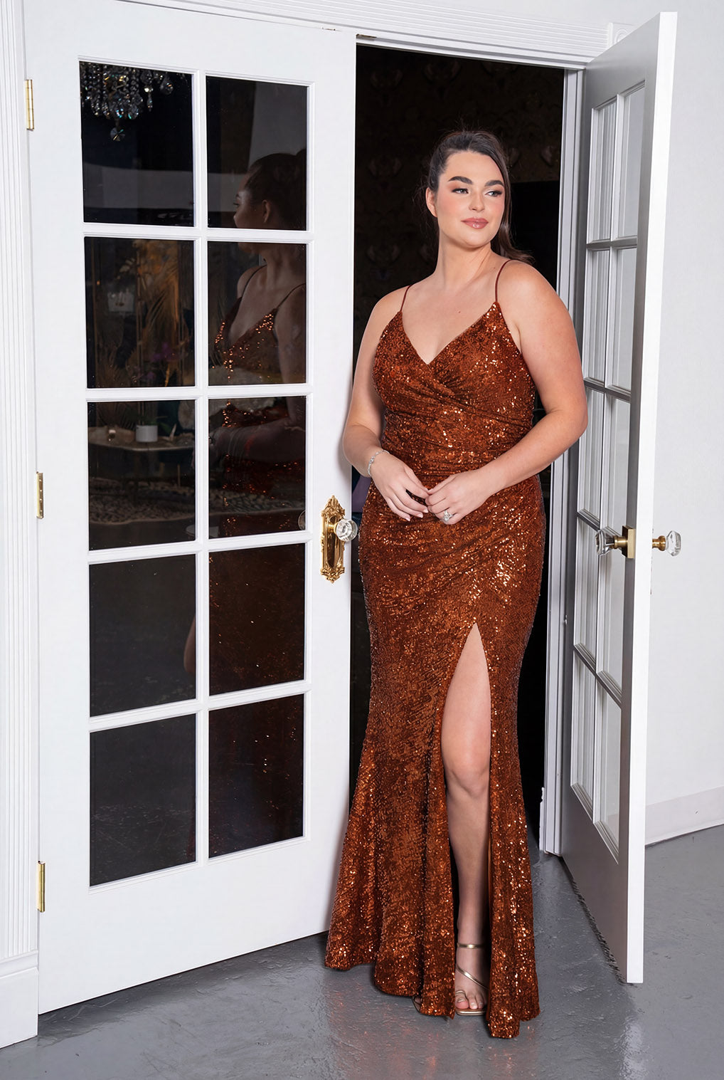 Sequin Wrap Strap Slit Gown Rust