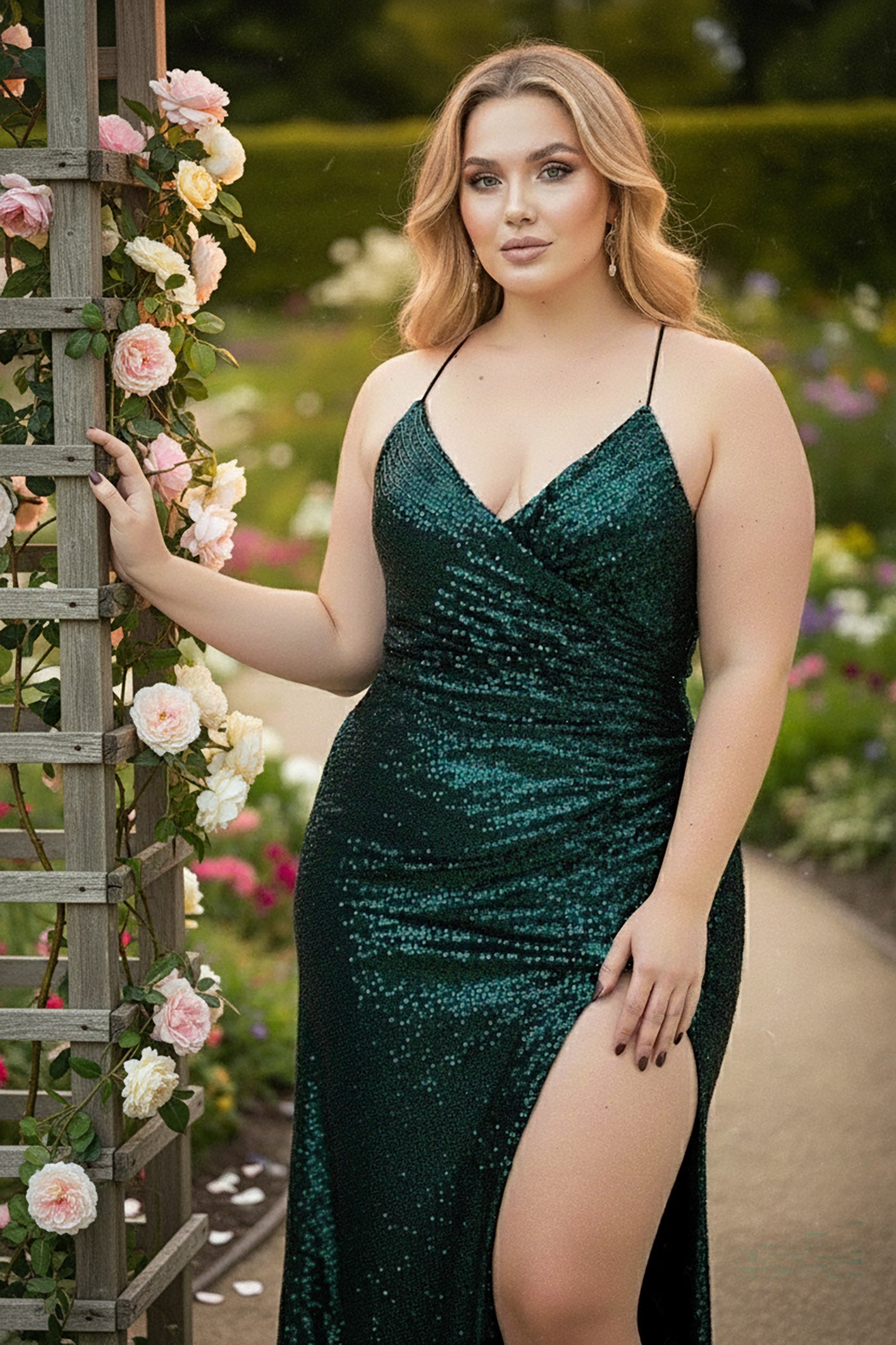 Sequin Wrap Strap Slit Gown Hunter Green