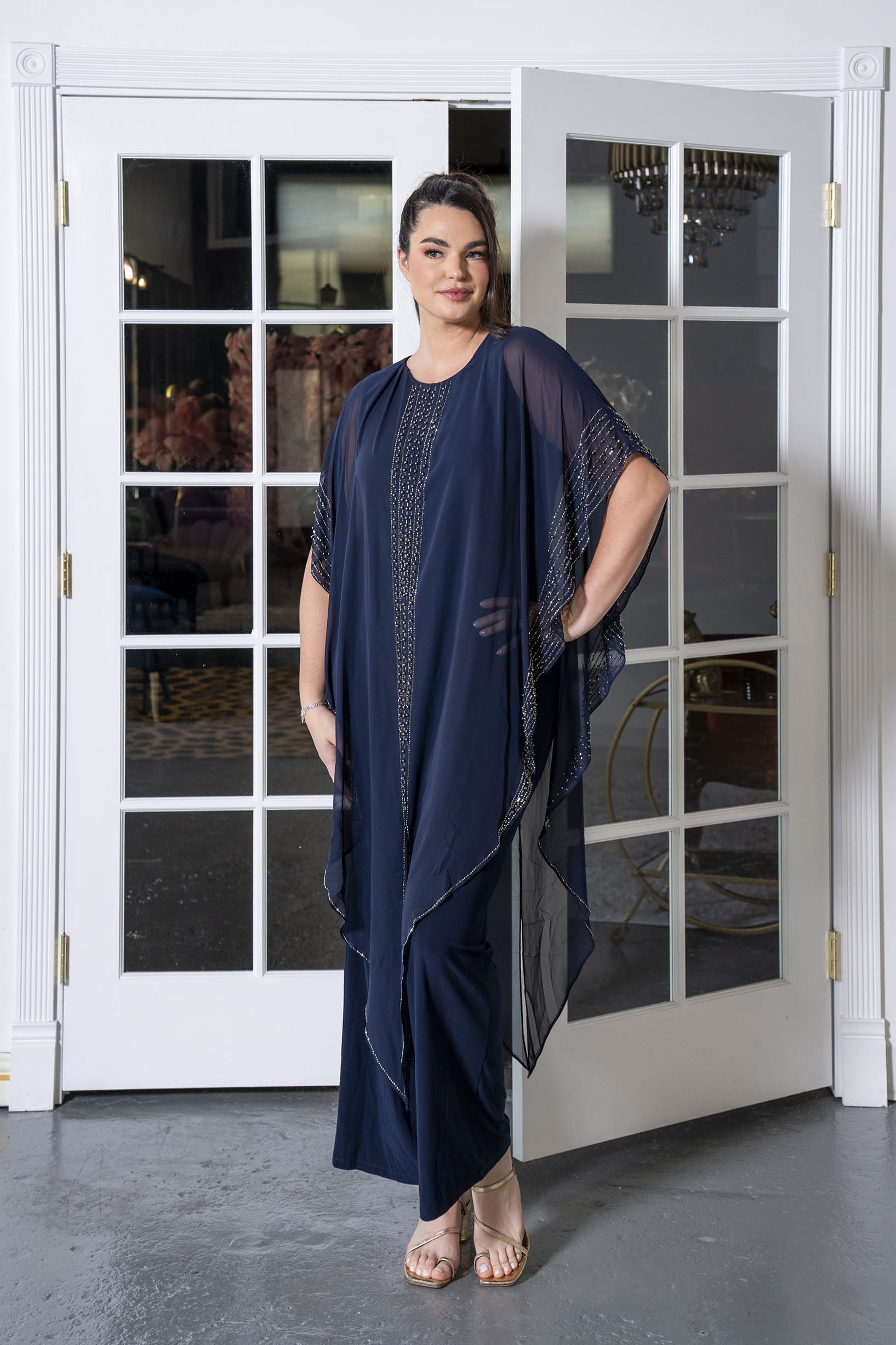 Sparkle-Trim Caftan Evening Gown Navy blue