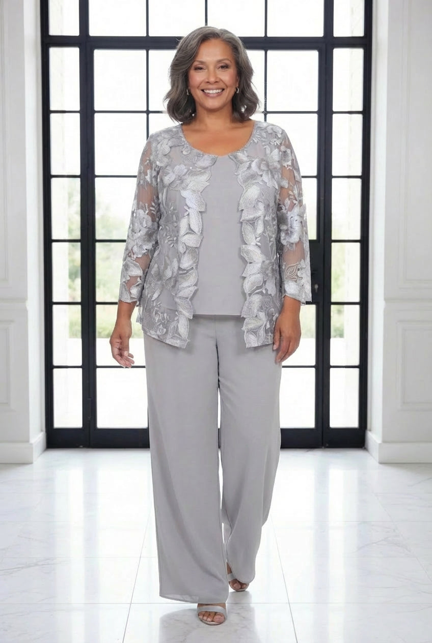 Three-Piece Georgette Pantsuit Set Light gray