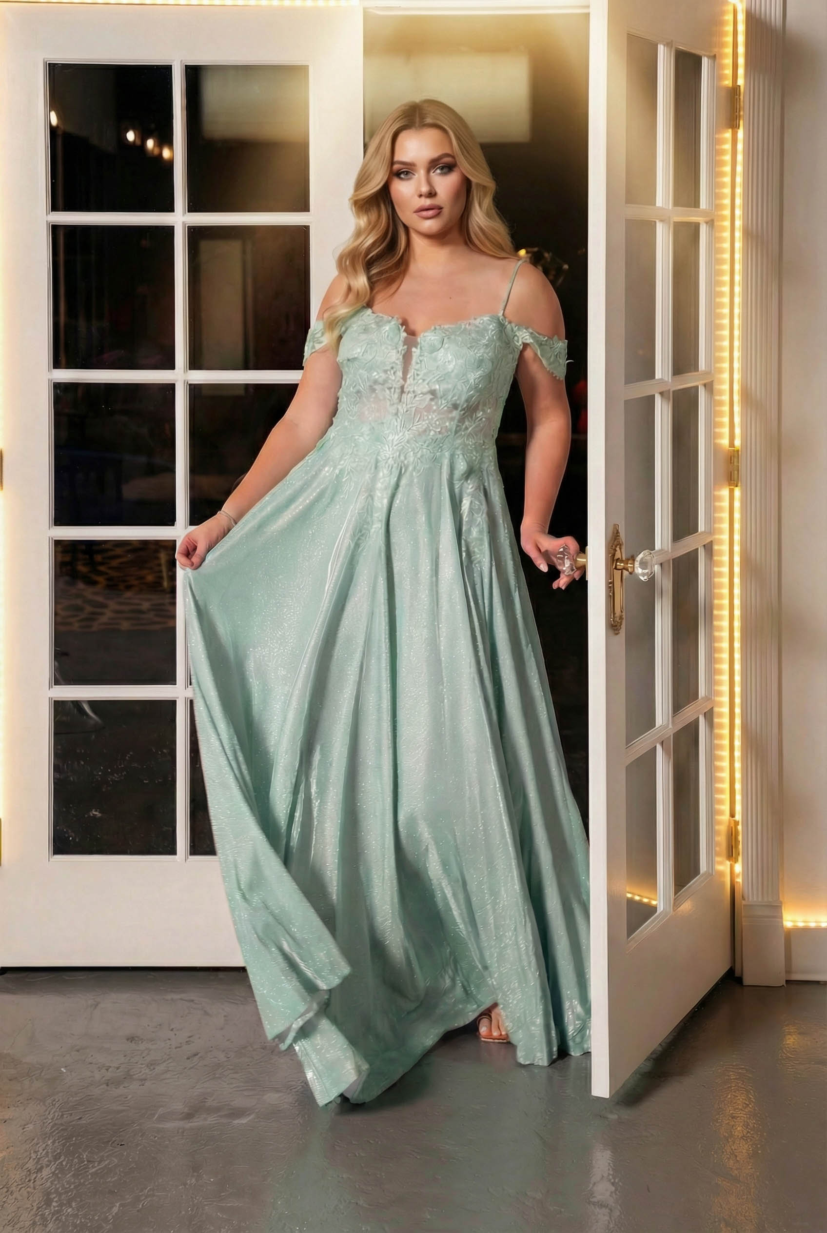 evening wear collection, mint dress a line with lace 