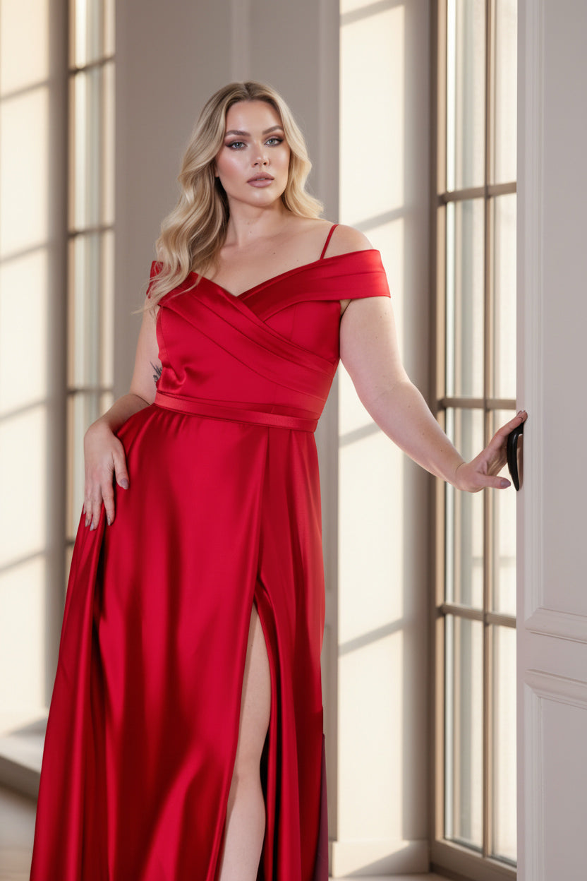 elegant satin a line dress, red color