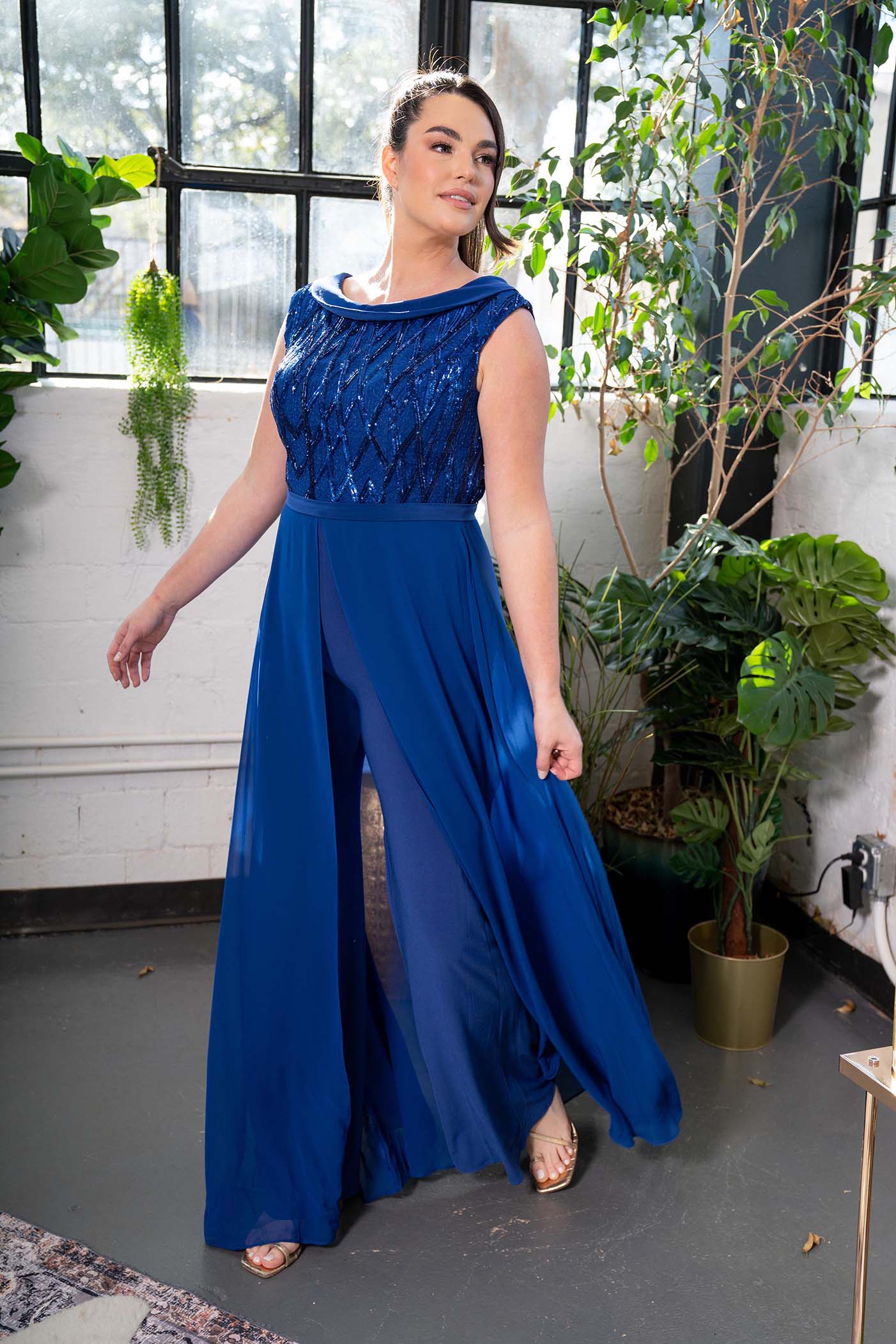 royal blue evening jumpsuit with chiffon skirt