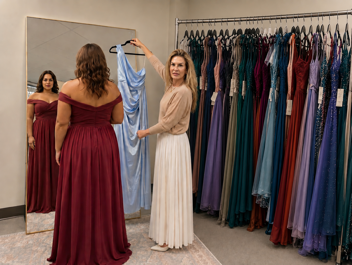 Private fitting-room moment — a stylist presenting an evening gown at the mirror