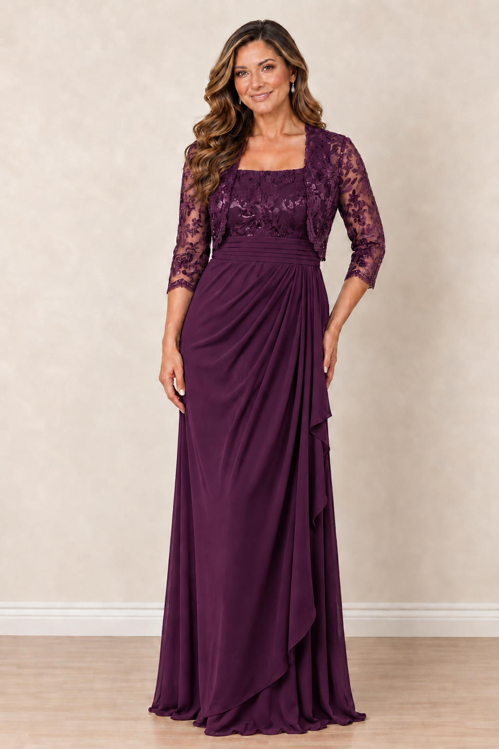 2 PC SEQUIN LACE BOLERO AND DRESS SET PLUM