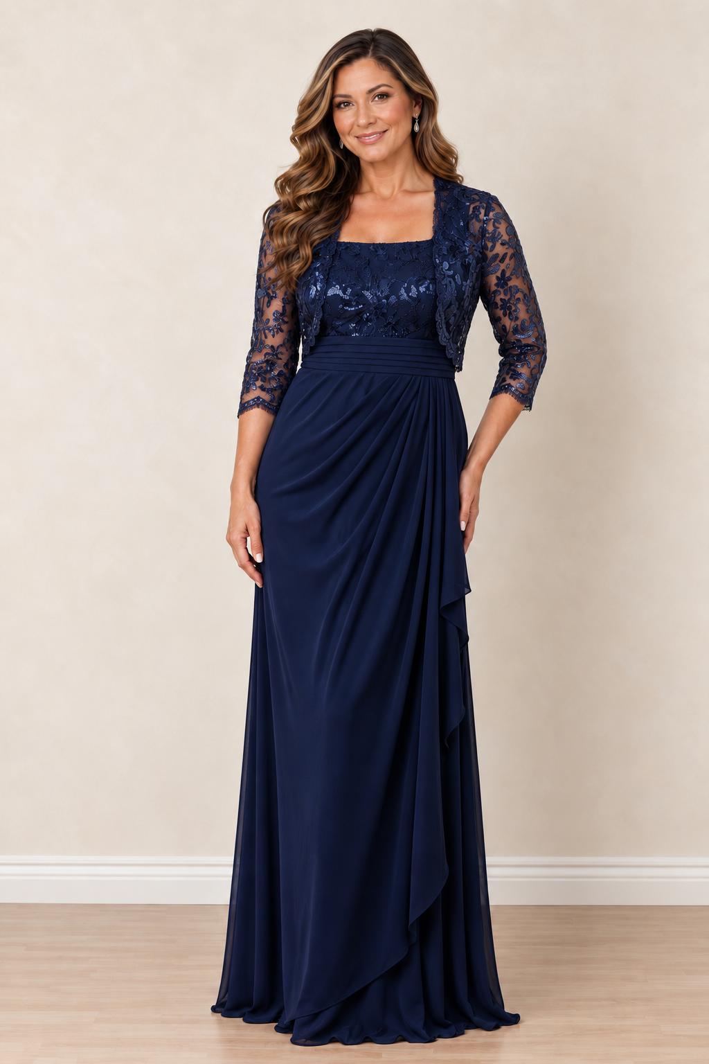 2 PC SEQUIN LACE BOLERO AND DRESS SET NAVY BLUE