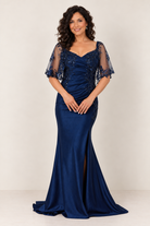 2 piece embellished stretch satin gown with removable cape NAVY BLUE