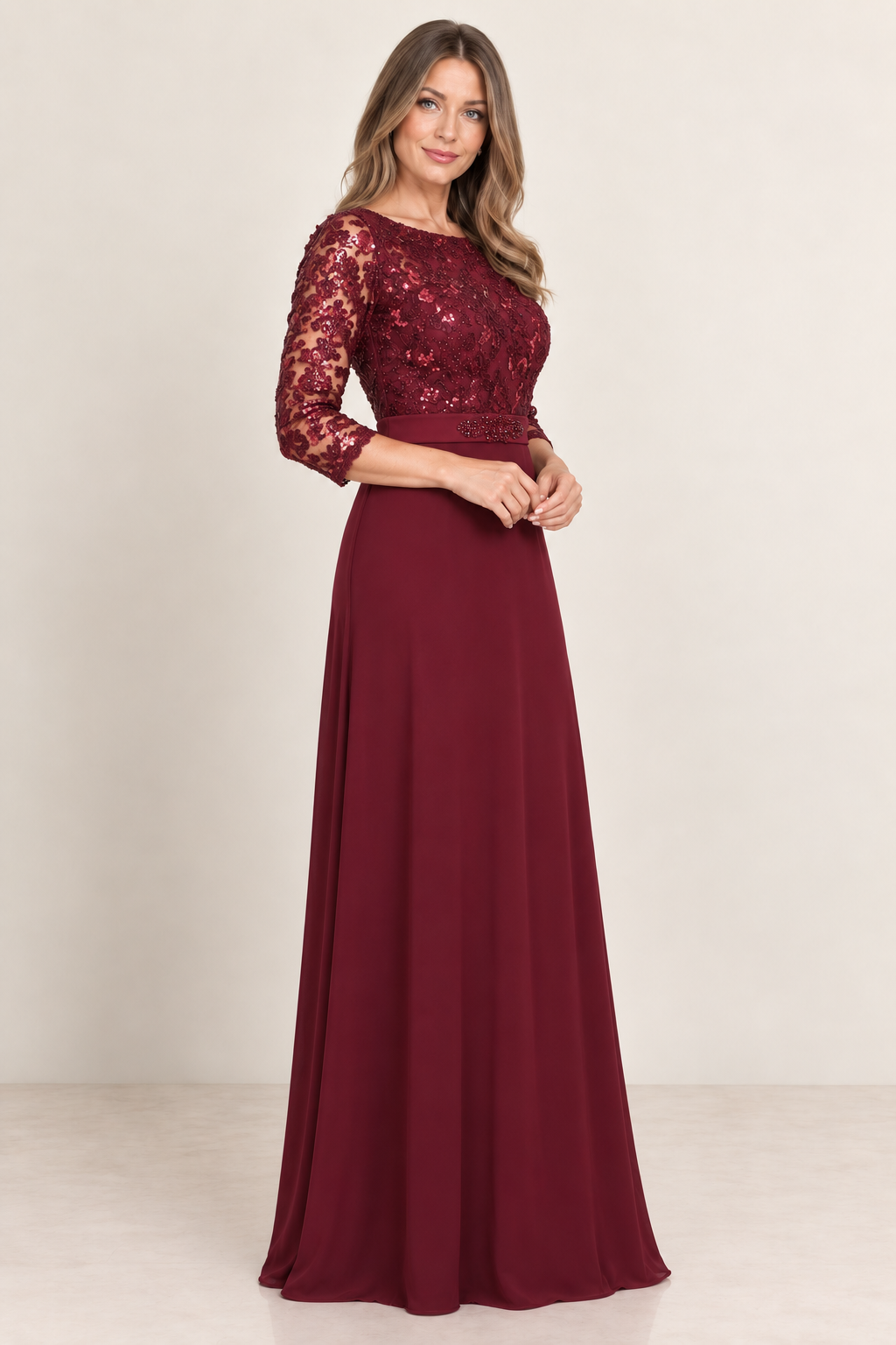  3/4 Sleeve Gown with Lace and Sequin Top and Jersey Skirt with Beaded Belt burgundy