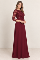  3/4 Sleeve Gown with Lace and Sequin Top and Jersey Skirt with Beaded Belt burgundy