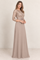  3/4 Sleeve Gown with Lace and Sequin Top and Jersey Skirt with Beaded Belt 