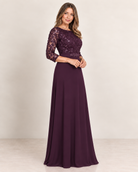 3/4 Sleeve Gown with Lace and Sequin Top and Jersey Skirt with Beaded Belt PLUM