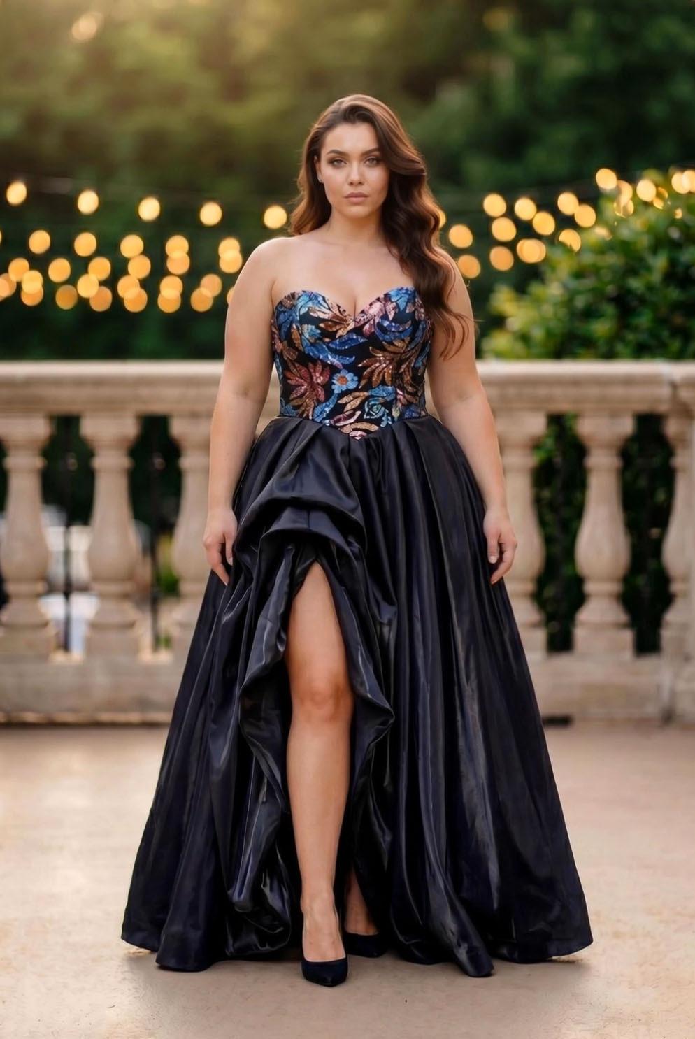 A woman models a strapless high-low formal gown with a colorful floral-patterned bodice and a voluminous black satin skirt, set against an outdoor patio background with warm string lights.