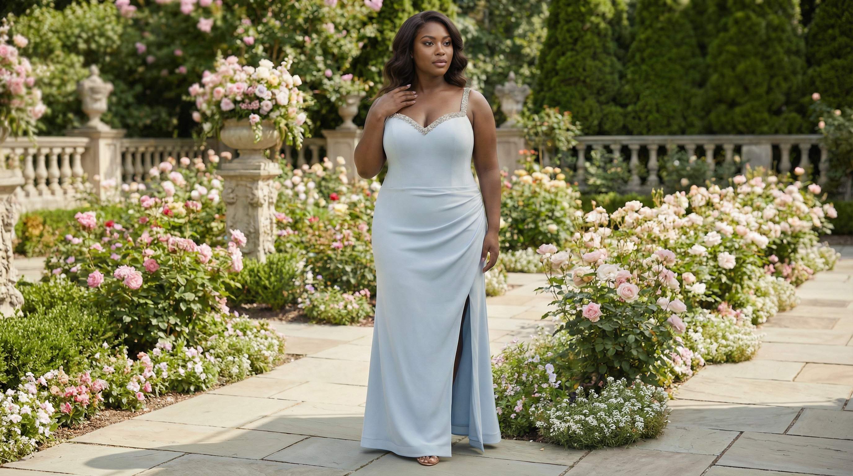 woman in light blue evening dress in a garden