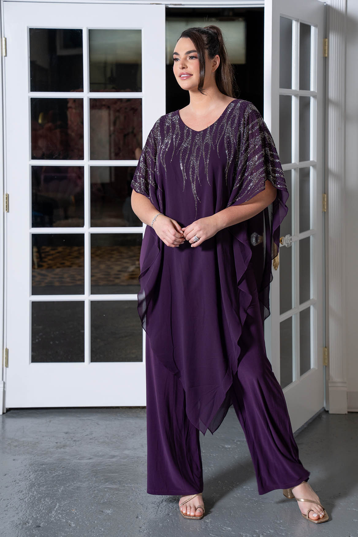 Beaded Caftan Sleeve Maxi Eggplant