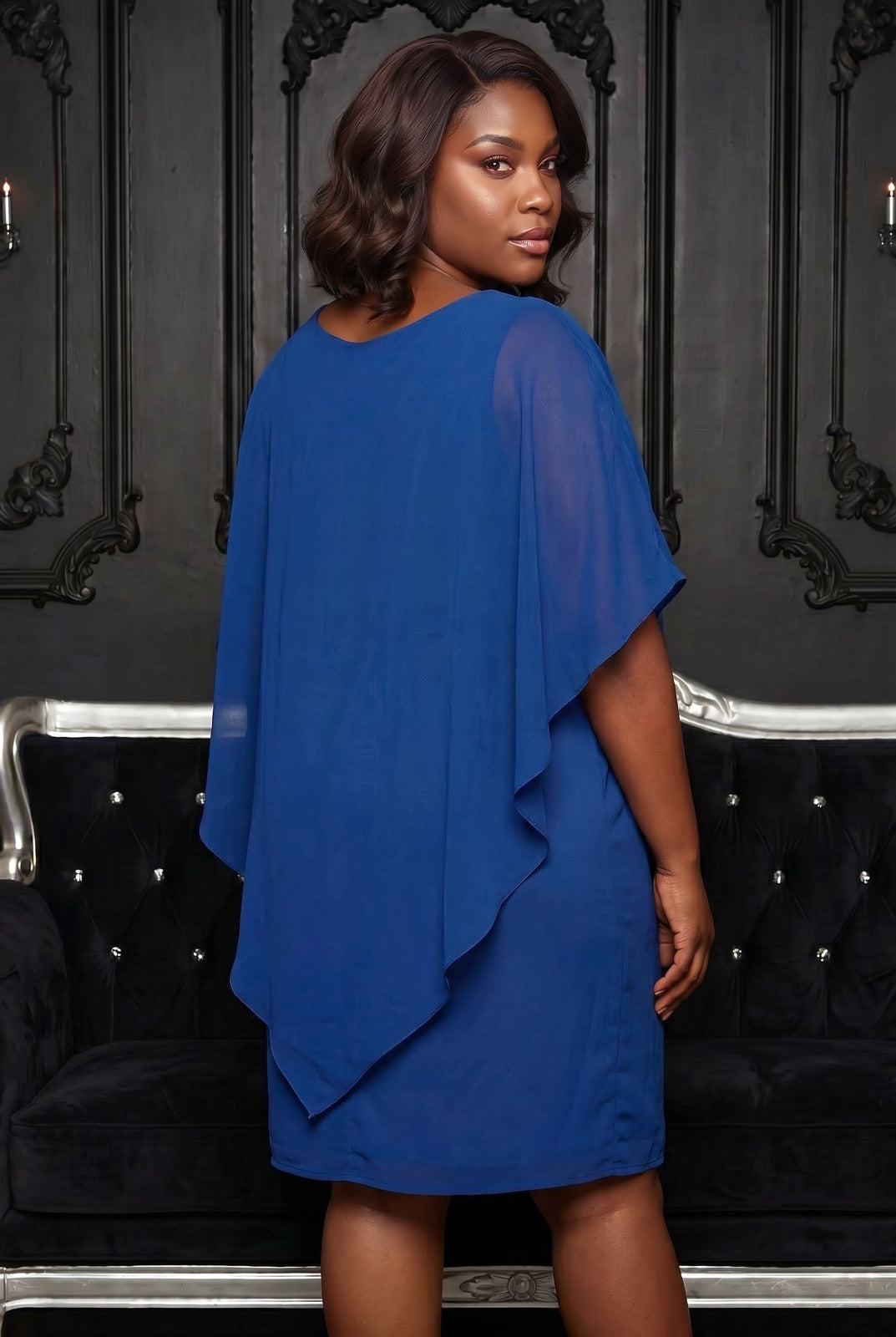 Beaded Neck Overlay Dress ROYAL BLUE 