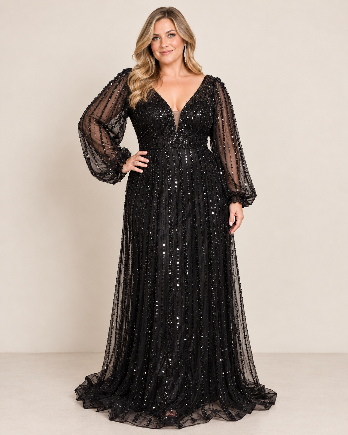 Beaded Sequin Evening Gown black