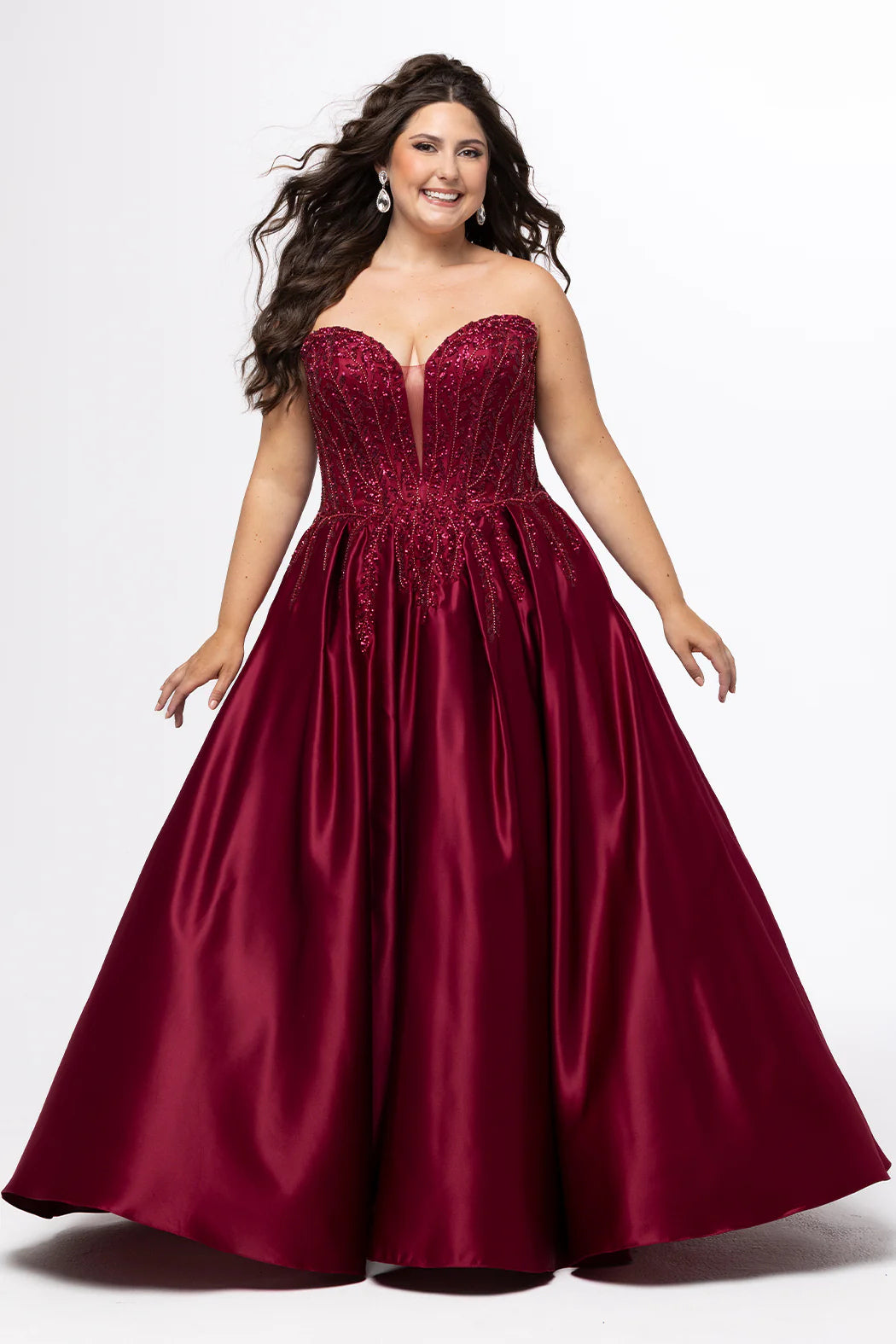 Beaded Strapless Ballgown Dress Burgundy

