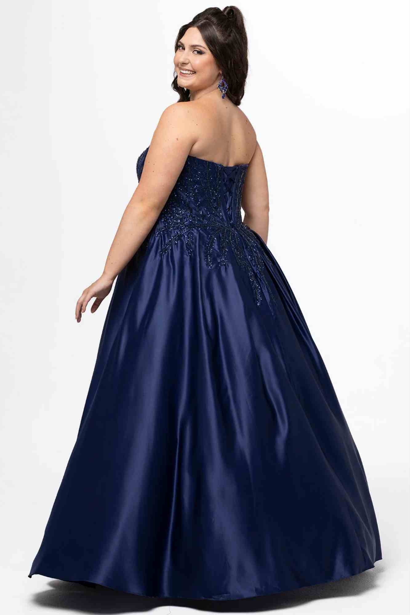Beaded Strapless Ballgown Dress Navy