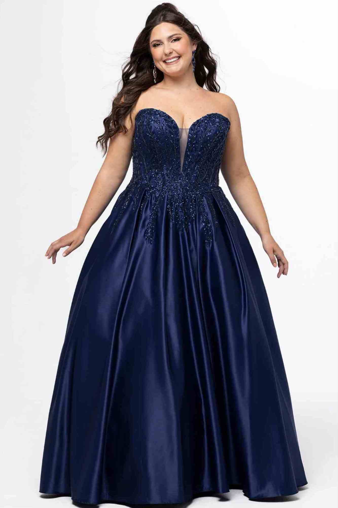 Beaded Strapless Ballgown Dress Navy
