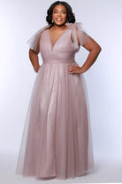 Bow-Shoulder Sparkle Tulle Gown Mauve