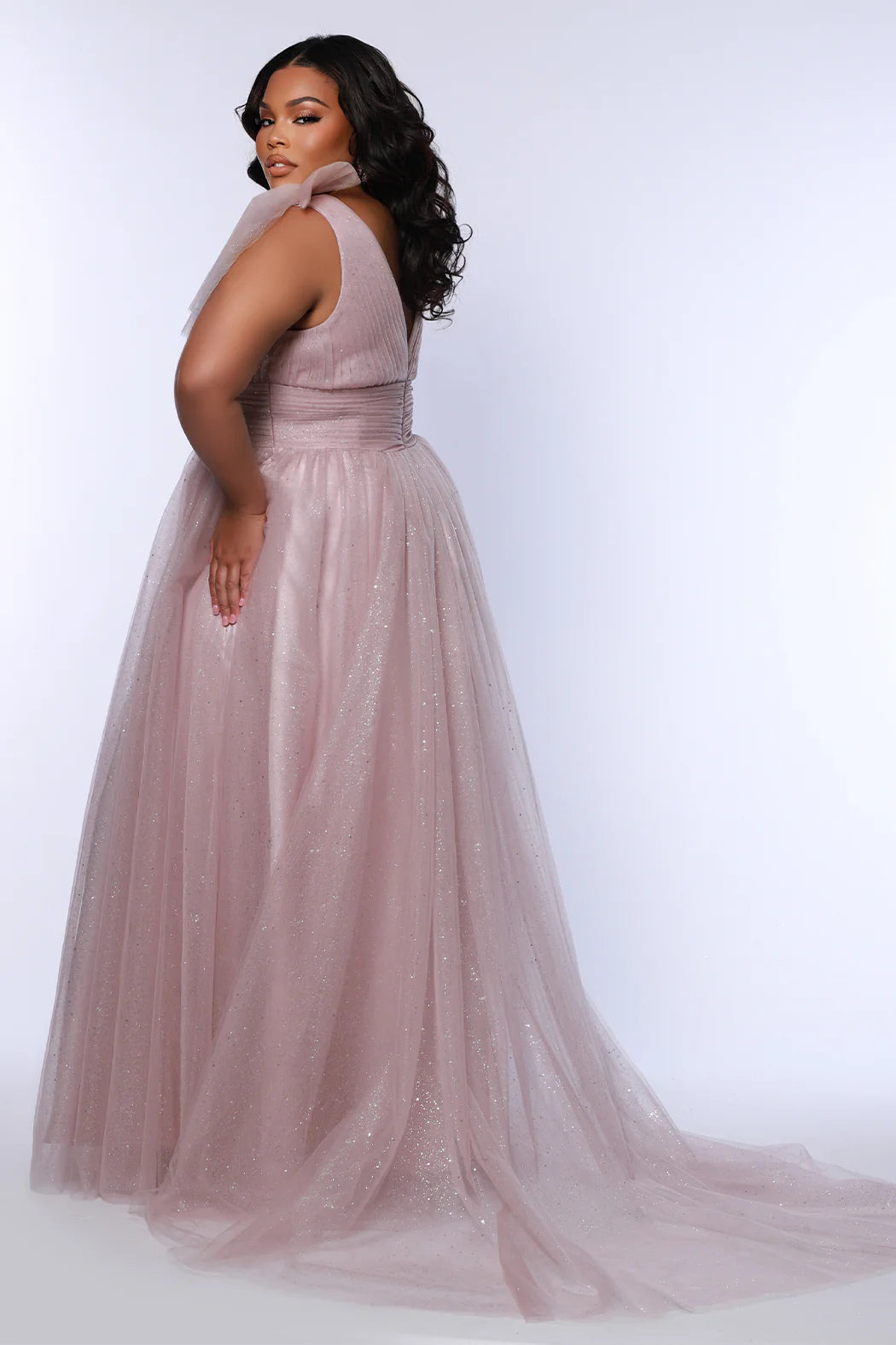 Bow-Shoulder Sparkle Tulle Gown Mauve