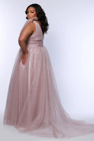 Bow-Shoulder Sparkle Tulle Gown Mauve