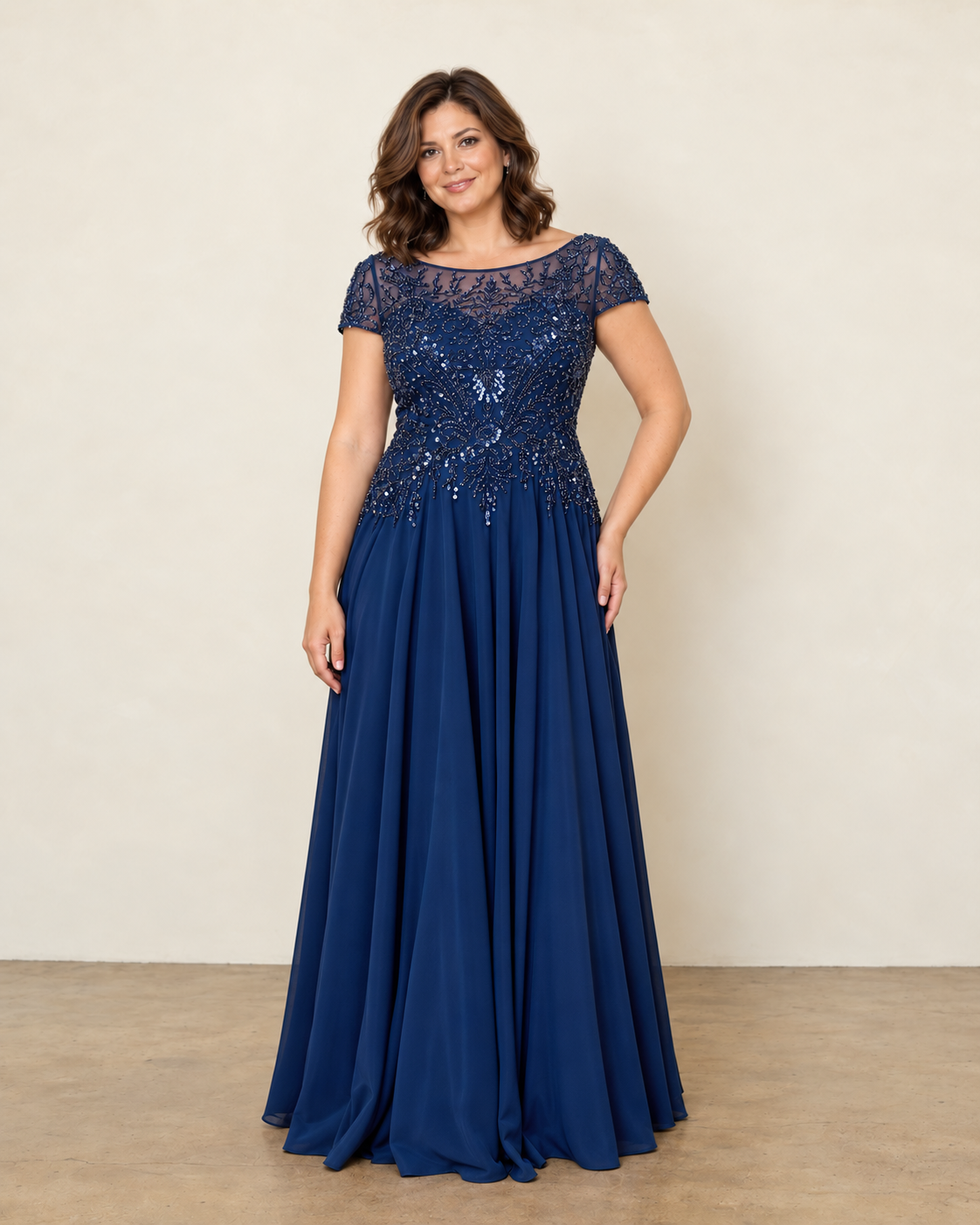 CAP SLEEVE MOB A-LINE CHIFFON GOWN WITH EMBELLISHED BODICE NAVY BLUE 