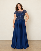 CAP SLEEVE MOB A-LINE CHIFFON GOWN WITH EMBELLISHED BODICE NAVY BLUE 