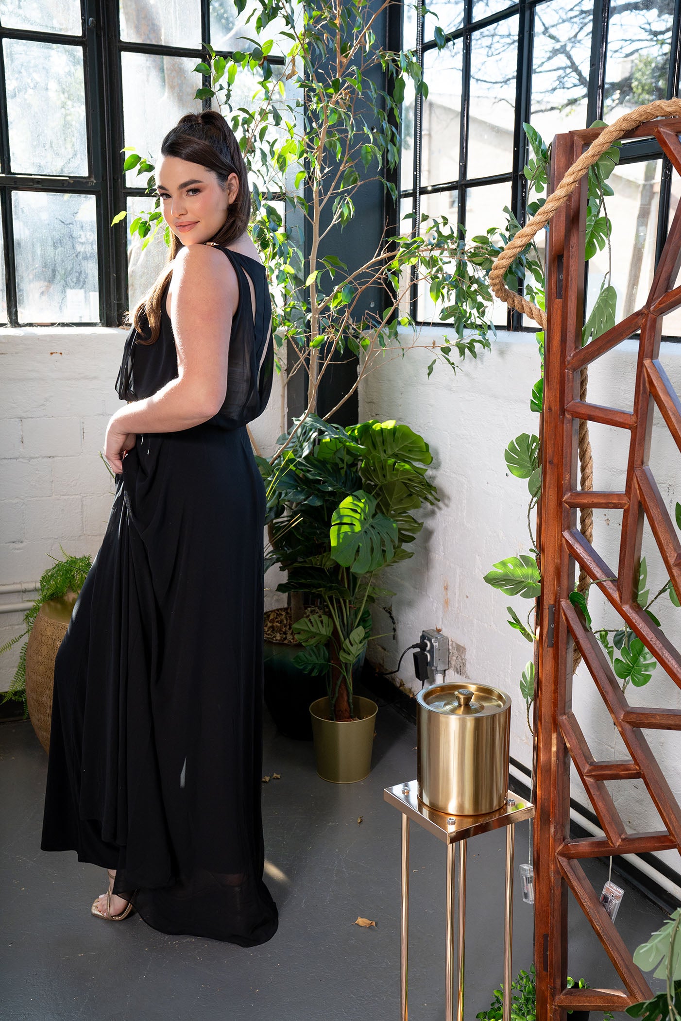 Chain Trim Plunging Drape Jumpsuit