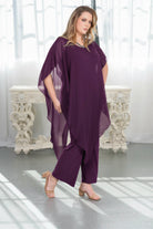Chiffon Overlay Wide-Leg Jumpsuit Eggplant