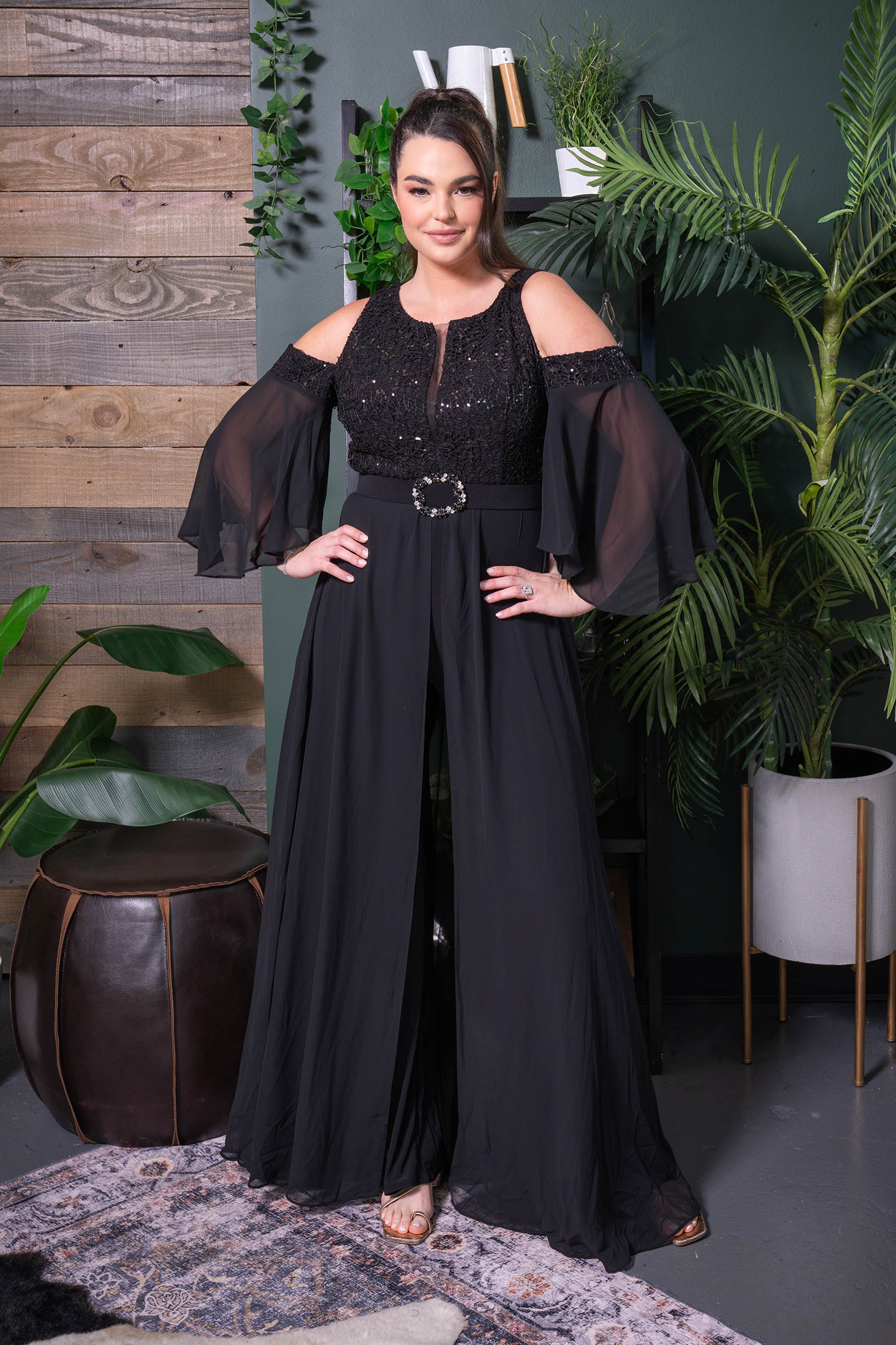 Cold-Shoulder Beaded Chiffon Gown