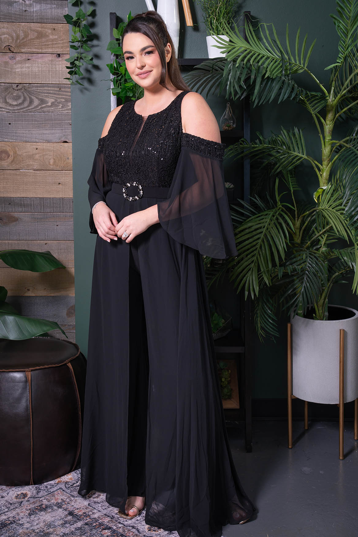 Cold-Shoulder Beaded Chiffon Gown