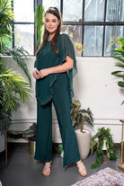 Crystal-Trim Chiffon Overlay Jumpsuit Hunter green