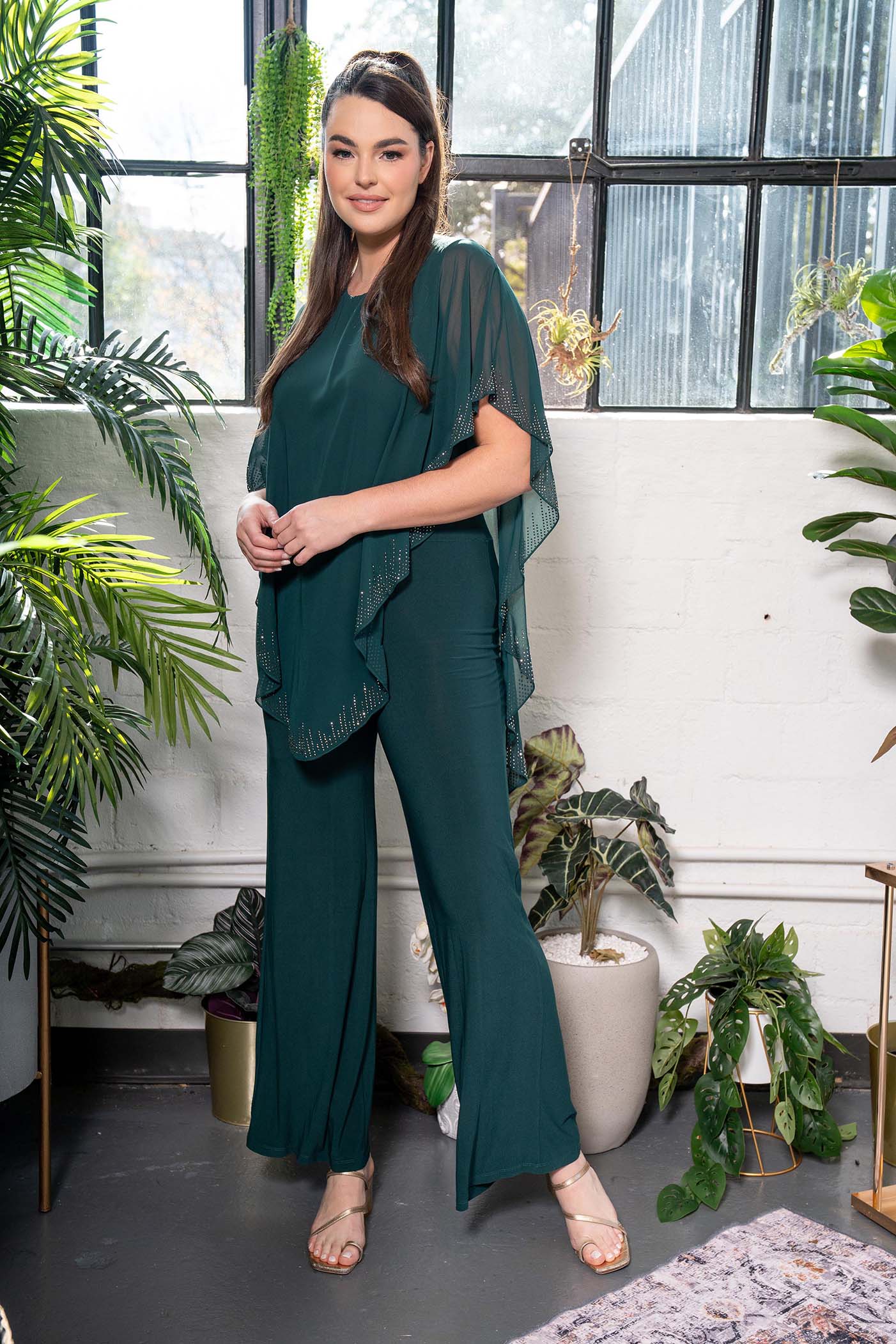 Crystal-Trim Chiffon Overlay Jumpsuit Hunter green