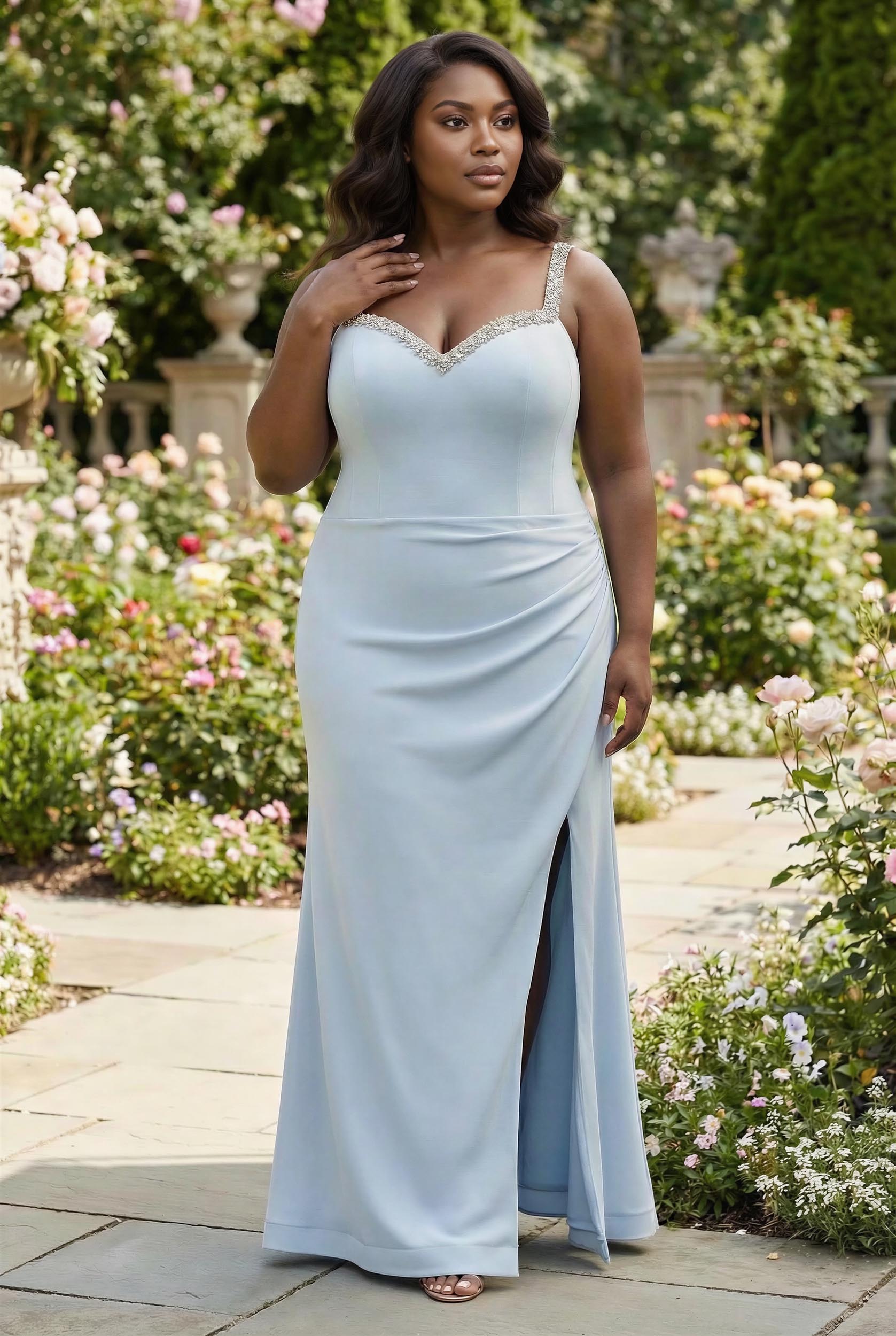Crystal Trim Sweetheart Slit Gown light blue
