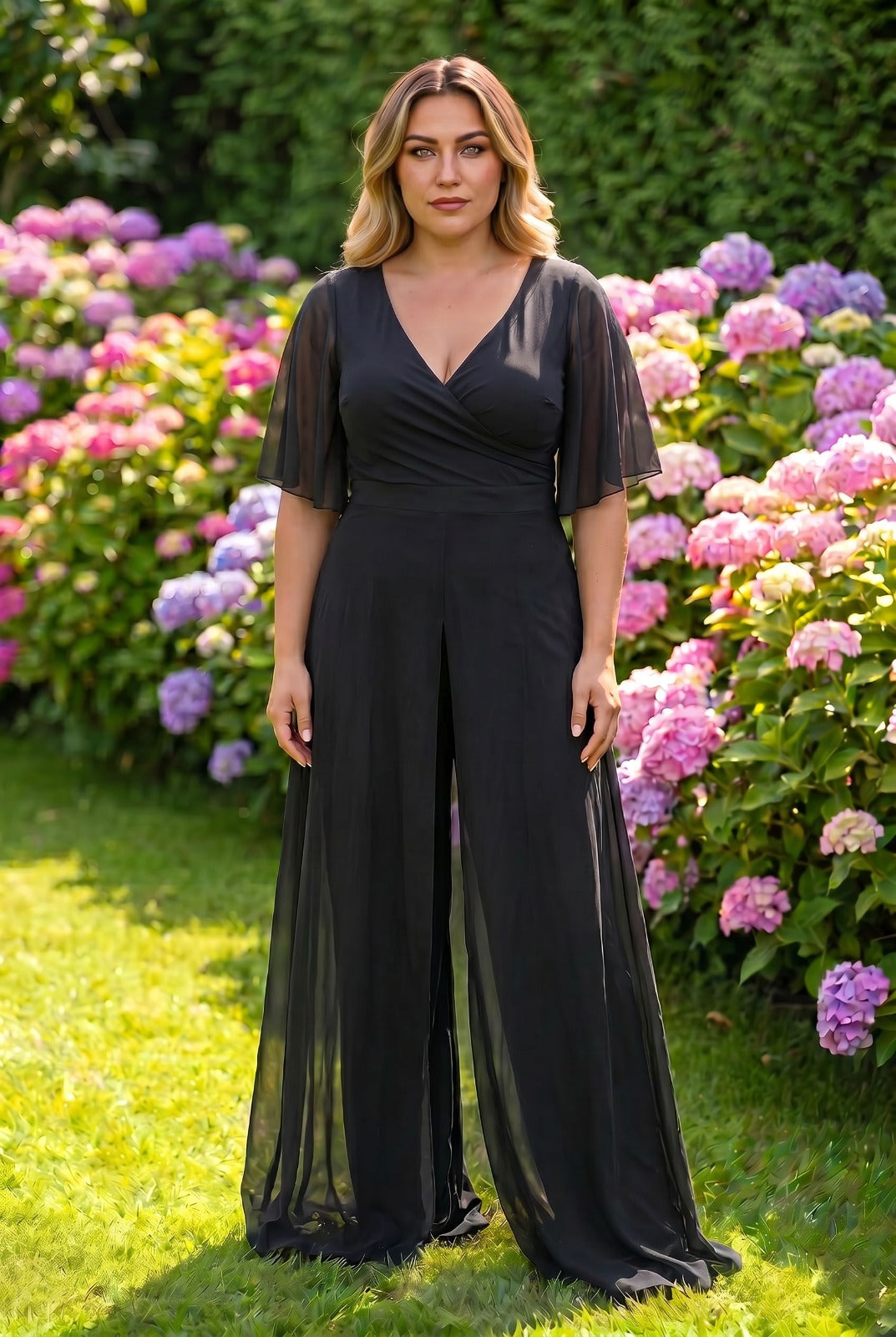 Draped Overlay Wide-Leg Jumpsuit BLACK