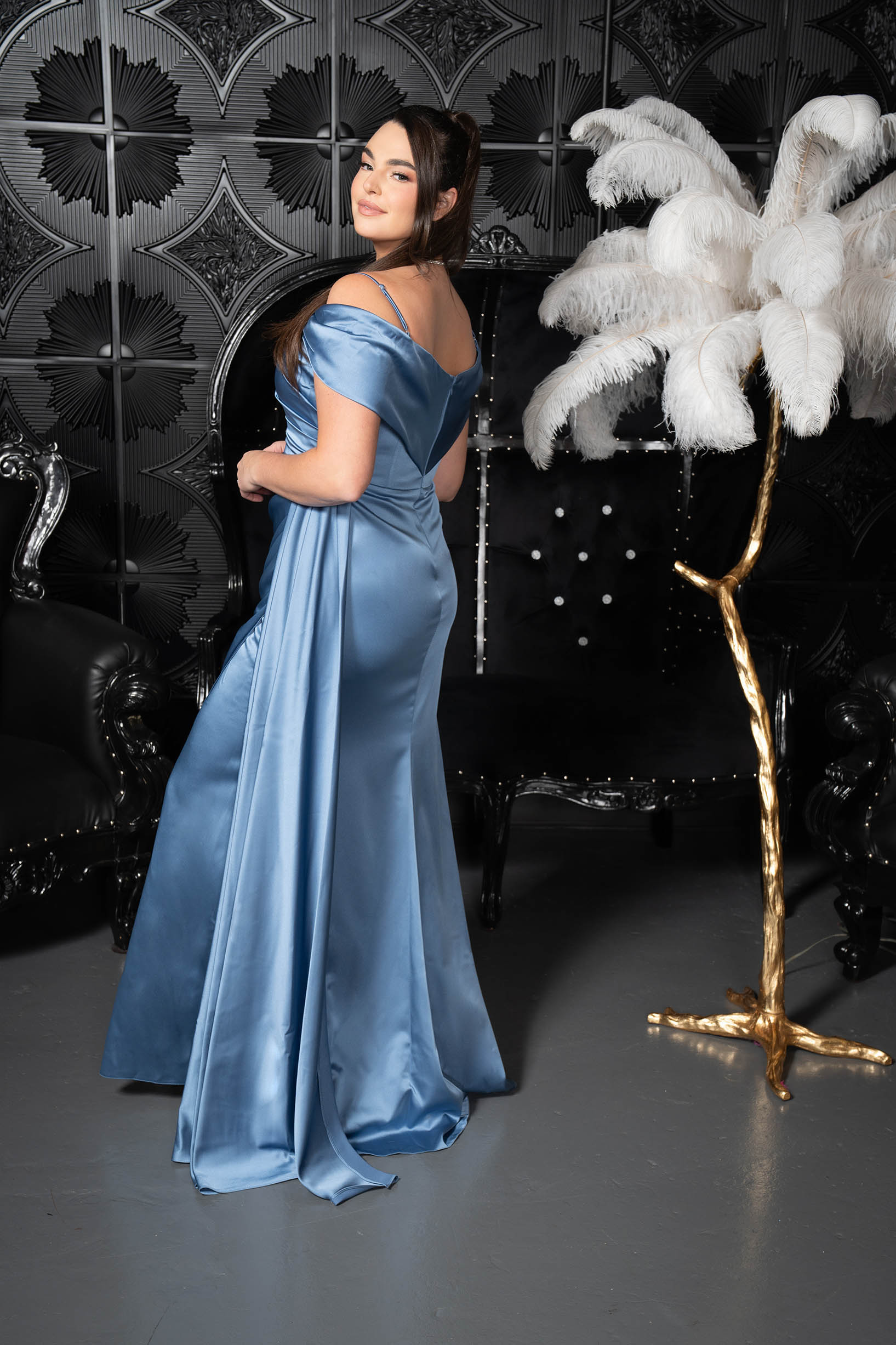 Draped Bardot Satin Column Gown Jeans blue