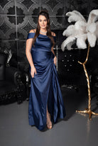 Draped Bardot Satin Column Gown Navy blue