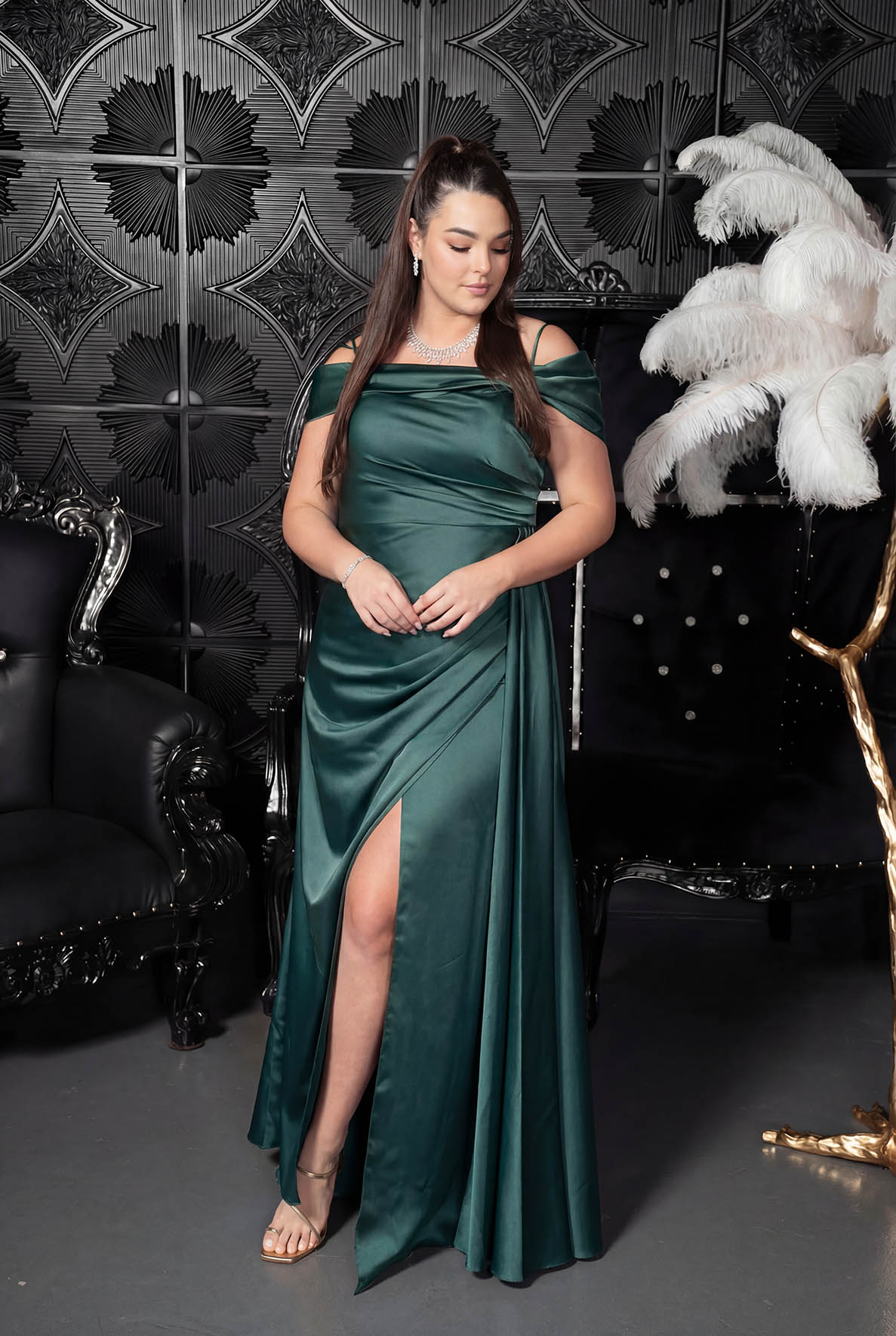 Draped Bardot Satin Column Gown Hunter green