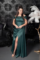 Draped Bardot Satin Column Gown Hunter green