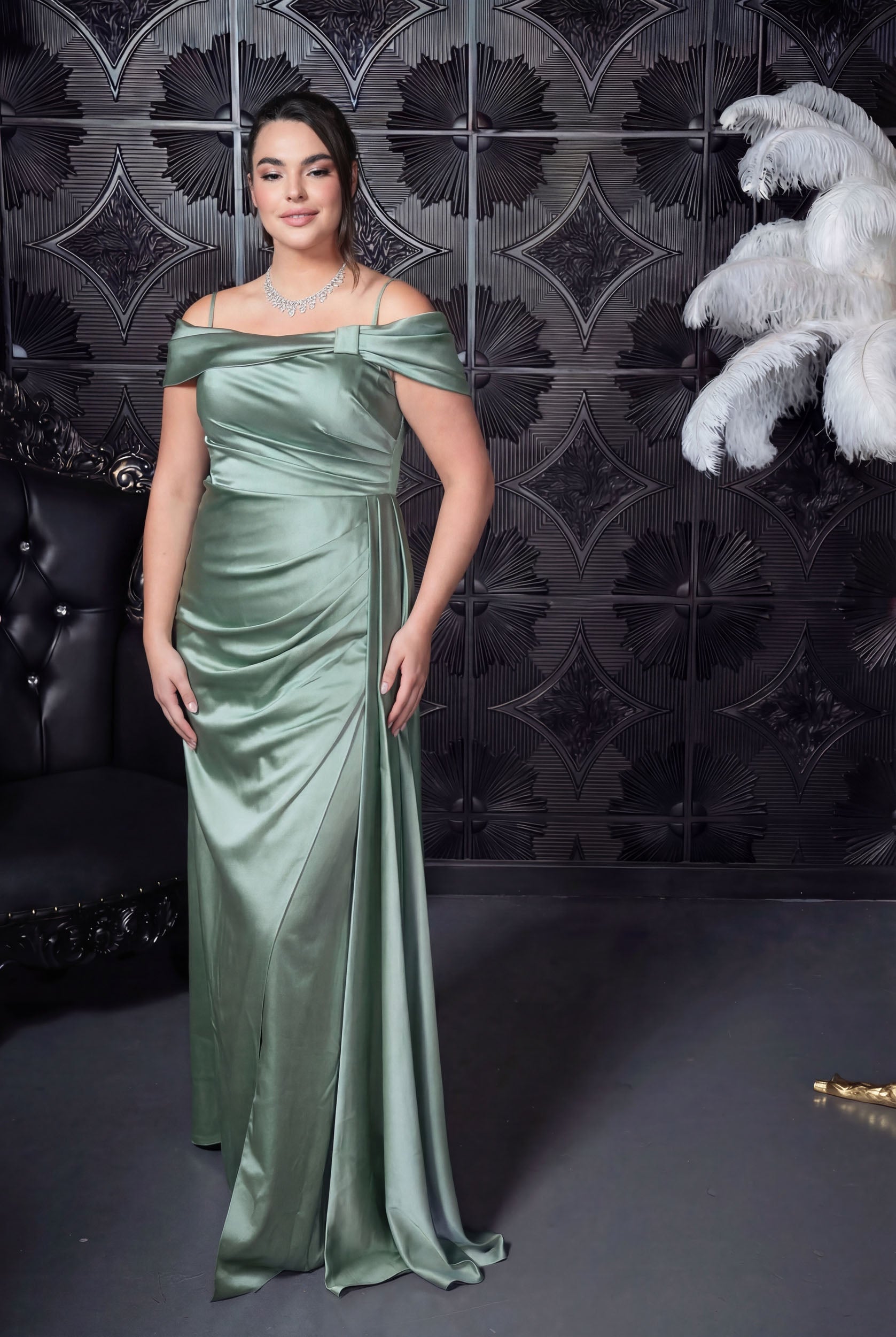 Draped Bardot Satin Column Gown Sage
