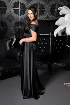 Draped Bardot Satin Column Gown Black