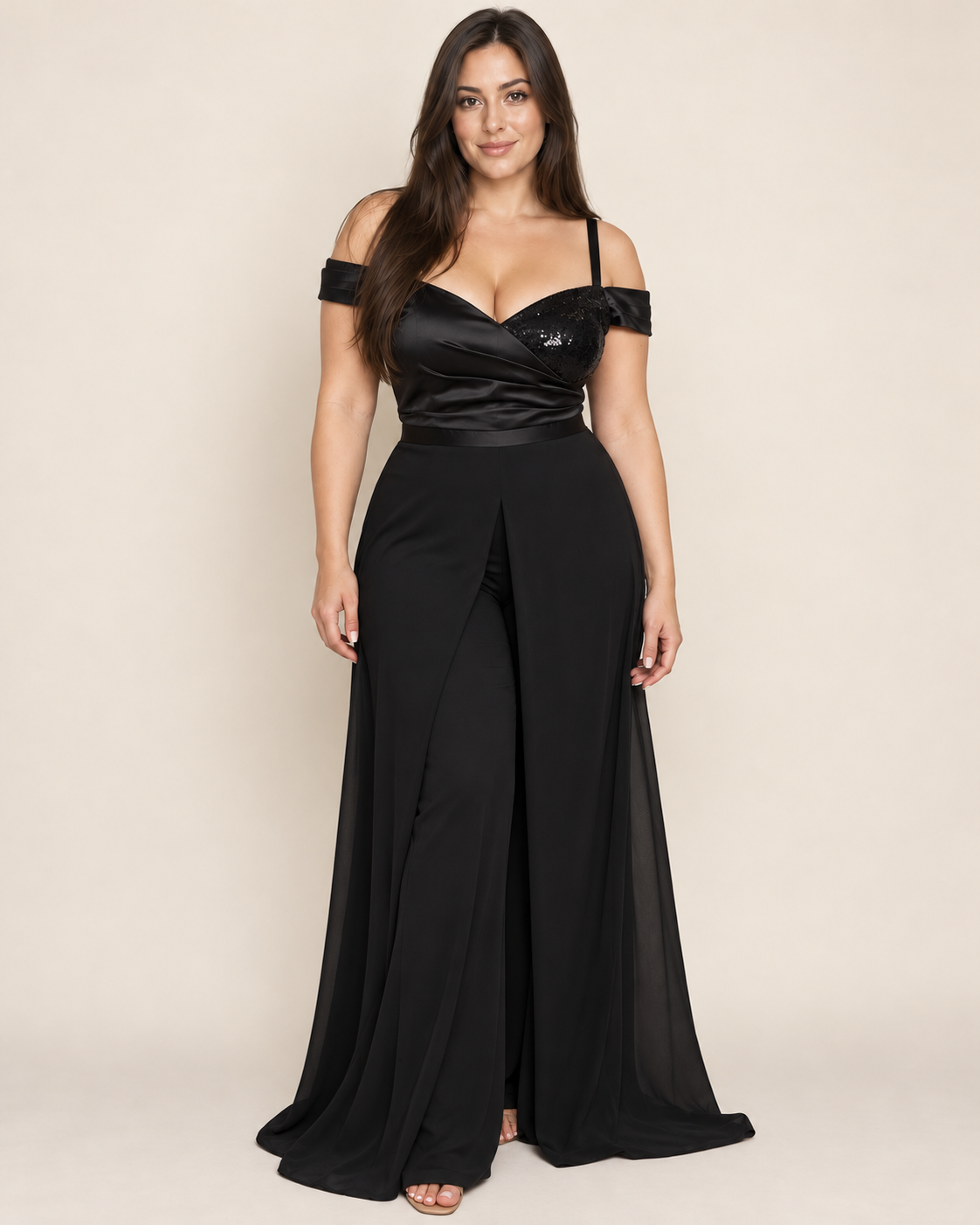 Draped Sequin Detail Evening Jumpsuit black