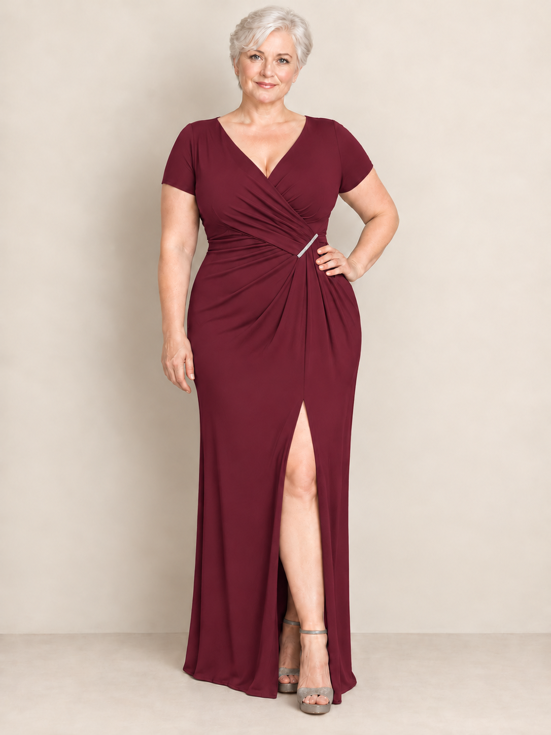 Draped Waist Evening Gown burgundy
