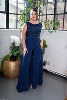 Embellished Boatneck Overlay Jumpsuit Navy blue