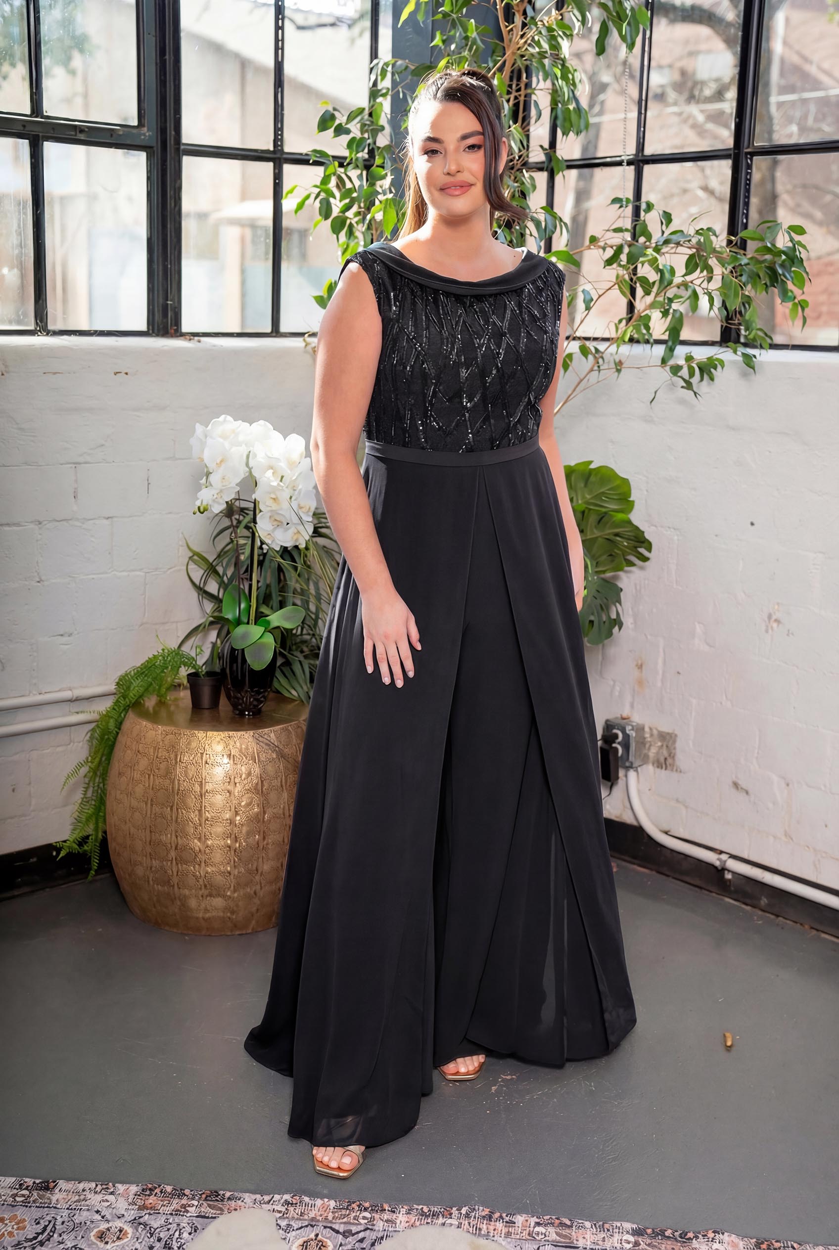 Embellished Boatneck Overlay Jumpsuit Black